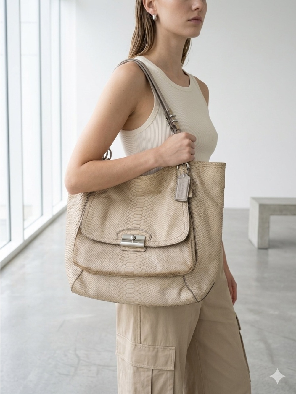 Coach Neutral Taupe Kristin Pinnacle Snake Embossed Leather Tote Bag